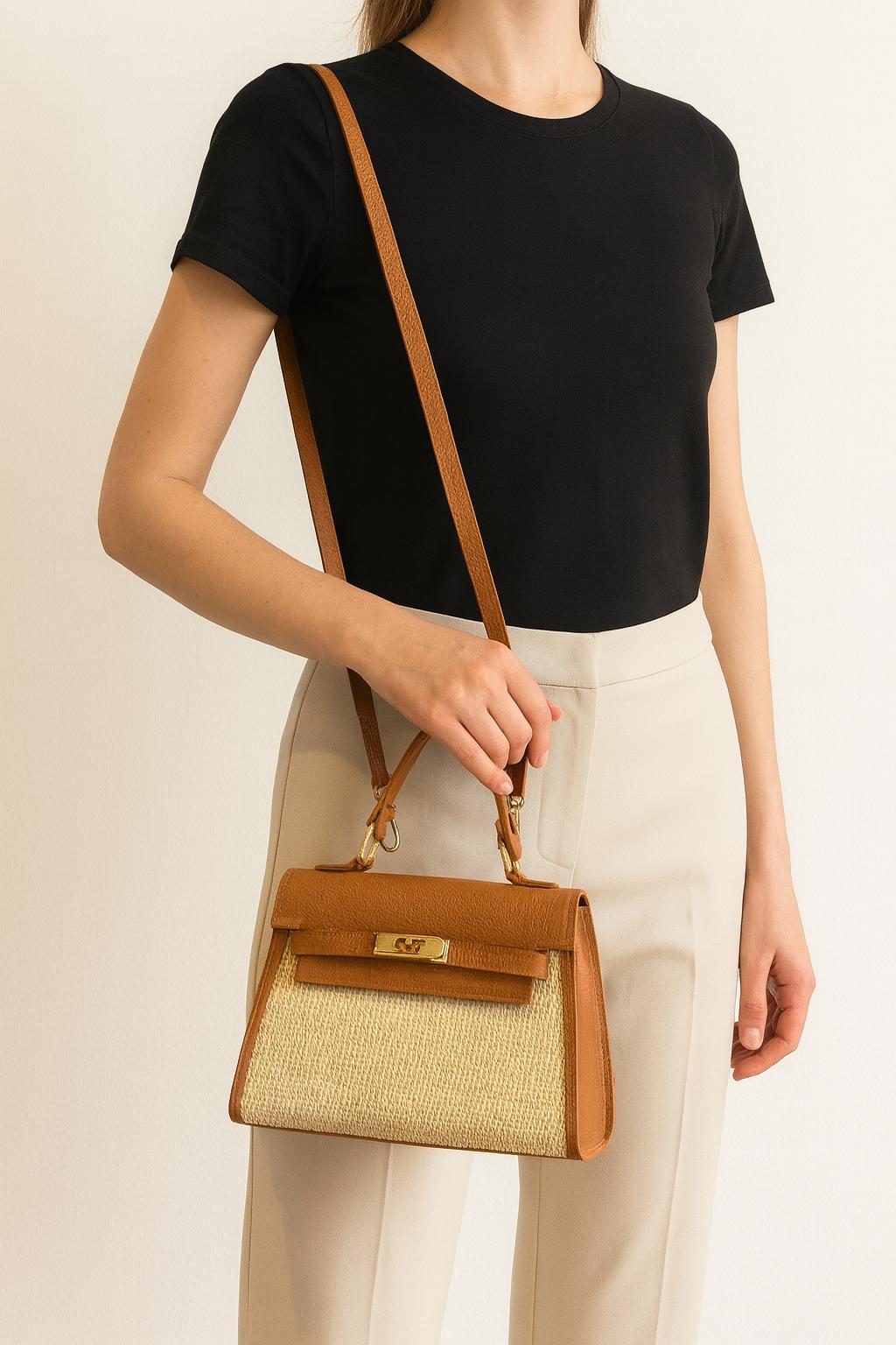 Anna – Italian Leather & Straw Top Handle Bag